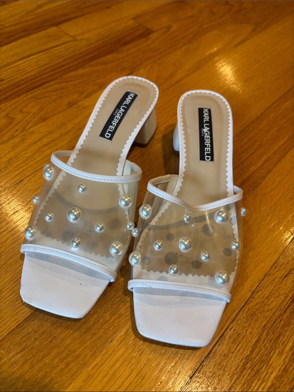Karl Lagerfeld White Pearl-Embellished clear Slide Mules